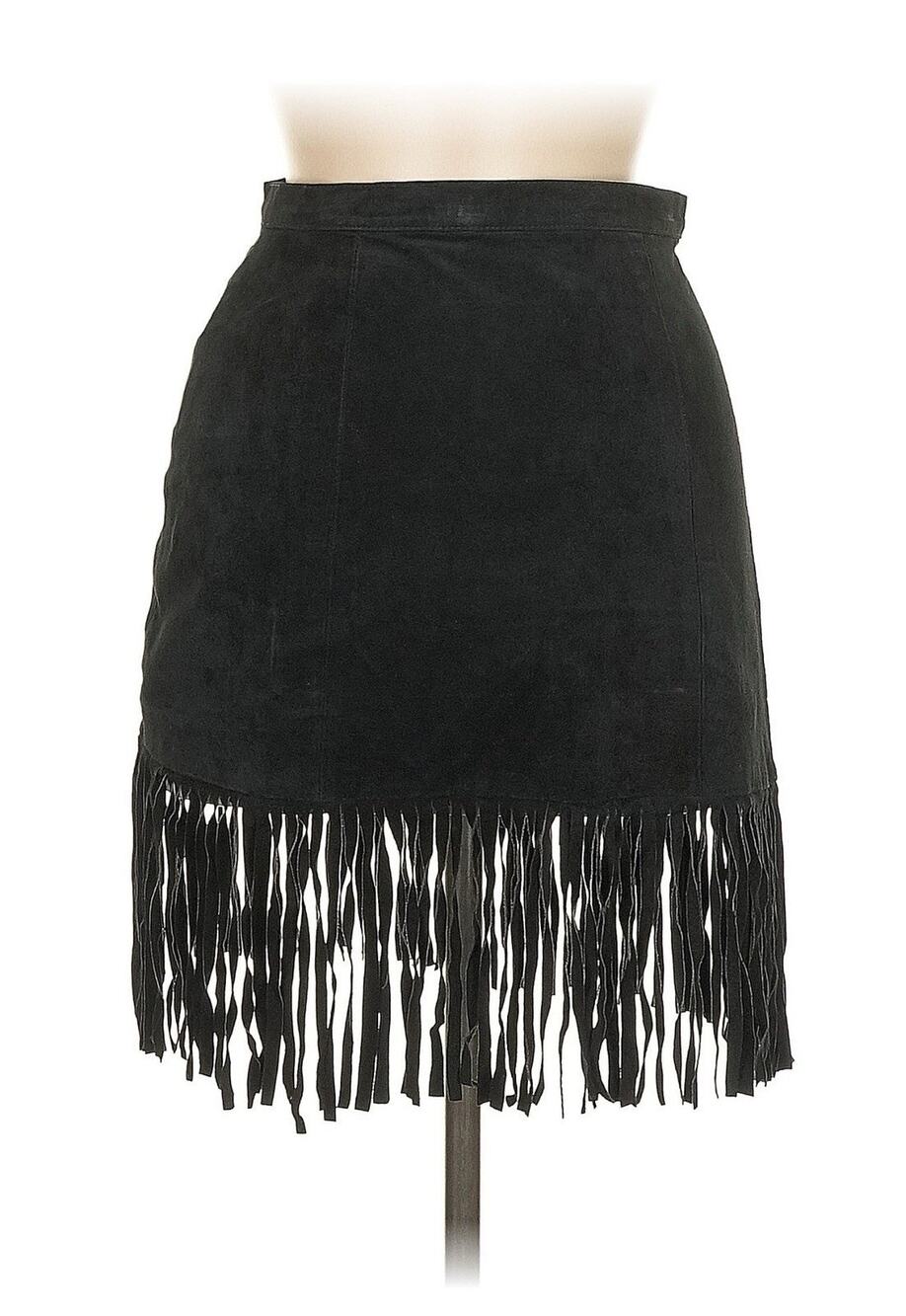 VTG Comint Black Fringe Suede Leather Mini Skirt UK 6 US 2 (25" waist)